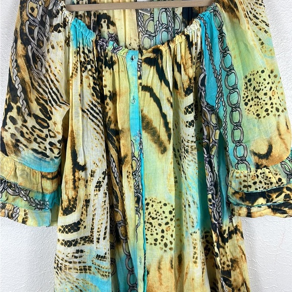 Shana K L Tunic Blouse Woman’s Multicolored Button Down Loose Fitting Ruffled sl - Picture 2 of 8